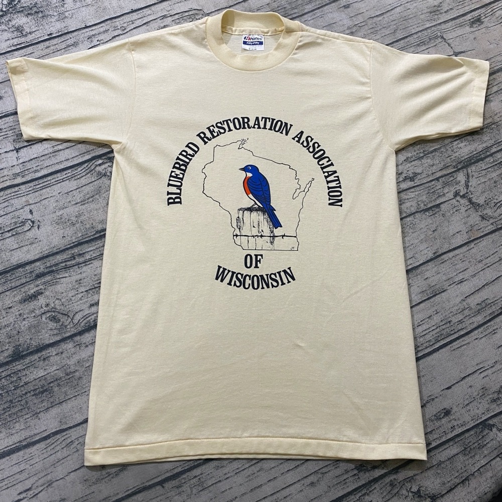 Vtg 80s Hanes Bluebird Restoration Single Stitch Thin T-Shirt Bird Conservation